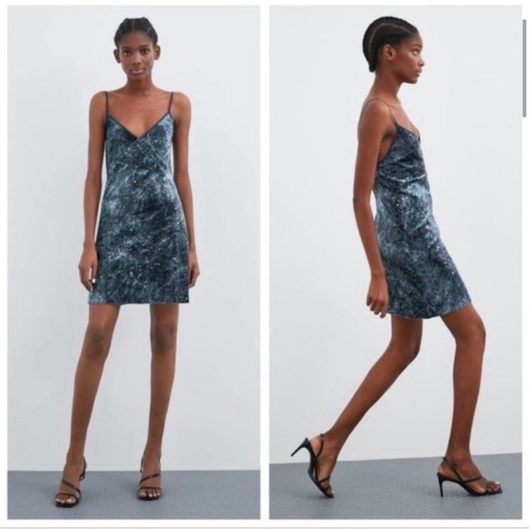 ZARA Blue Velvet Sequin Mini Dress M - Picture 2 of 7